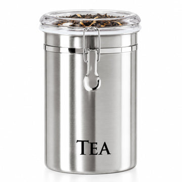 Stainless Steel Tea Canister 62 fl oz - Airtight Clamp Lid, Clear See-Thru Top - Ideal for Tea Bag, Loose Tea