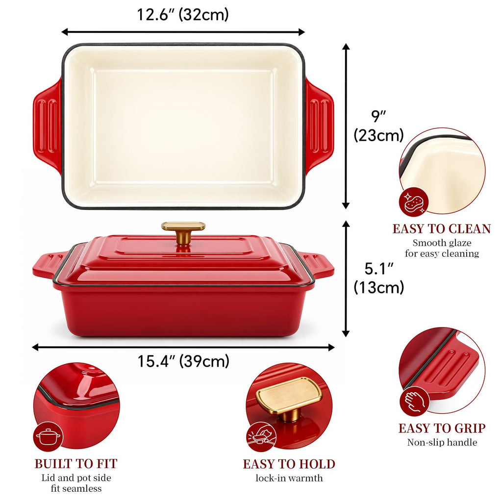 4 QT Enameled Cast Iron Casserole Dish with Lid, Rectangular Lasagna Pan