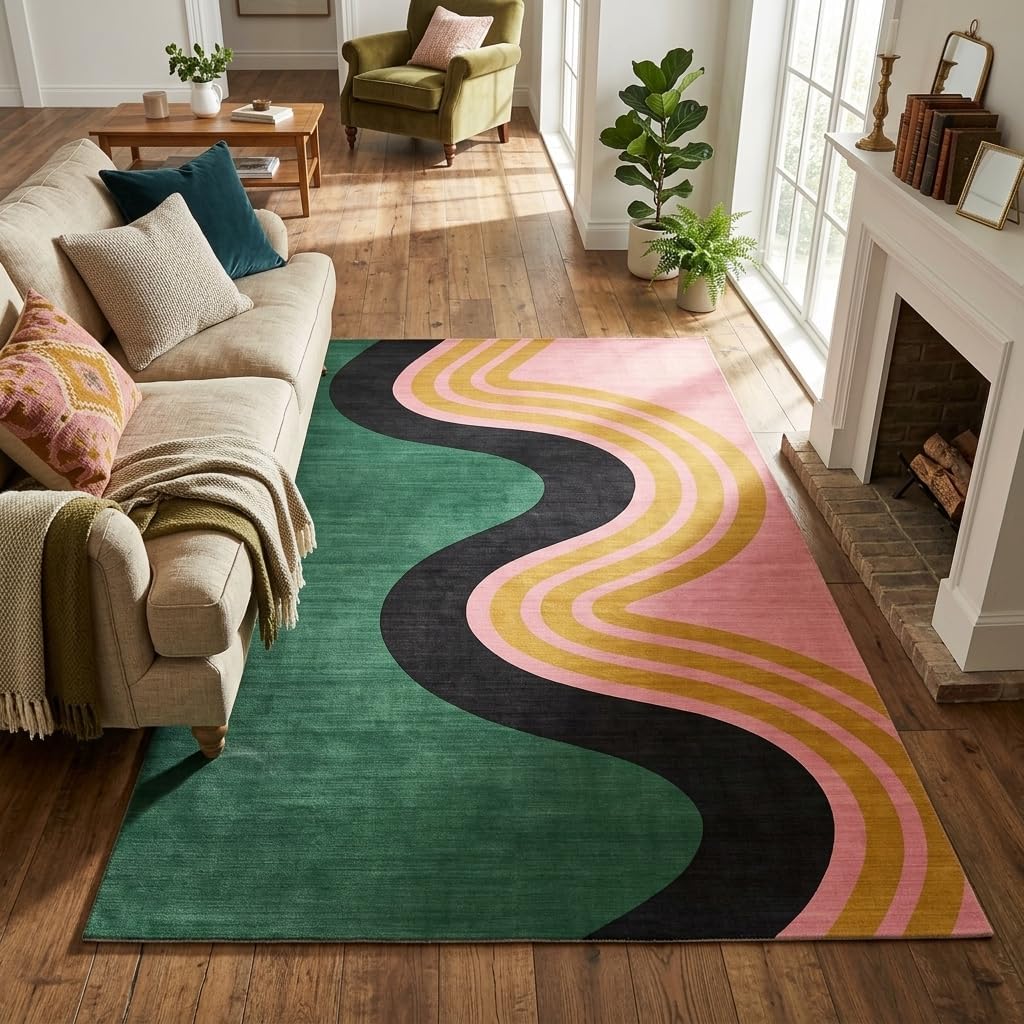 5x7 Green and Pink Modern Abstract Wavy Stripe Area Rug