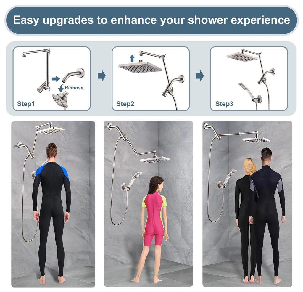 High Pressure Rain Shower Head Combo with Double Extension Arm, 8 Inch Rainfall Shower Head with Handheld Spray