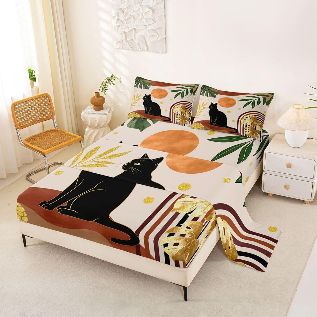 Mid Century Black Cat Bed Sheets Set Red Boho Minimalist Queen Sheet Set for Preteen Boys Girls, Botanical Palm Leaf