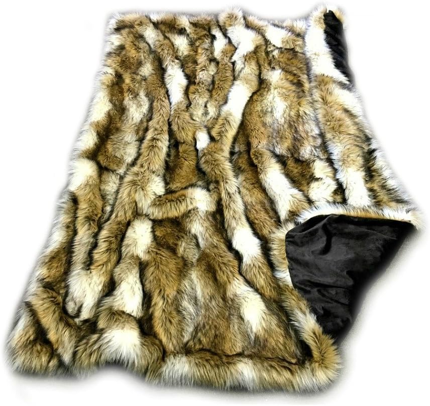 Plush Golden Brown and Creamy Wolf White Coyote Stripe - Premium Quality Faux Fur - Designer Throw Blanket - Soft