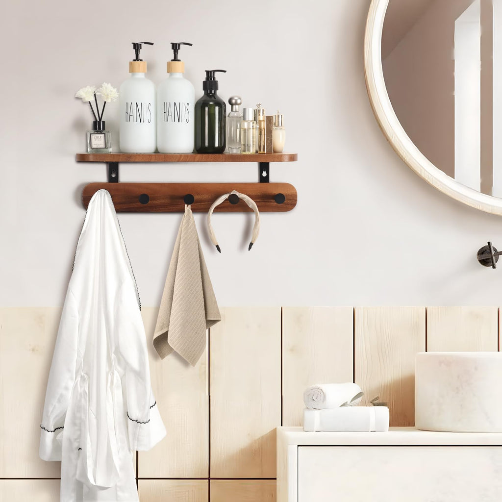Coat Rack Wall Mount with Shelf, 17" Walnut Wood Wall Shelf with Hooks, Entryway Floating Shelves with 5 Metal