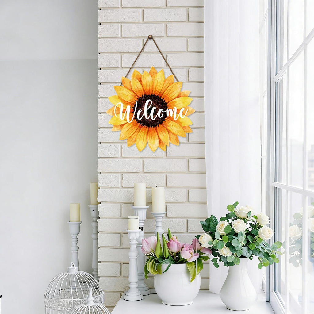 Sunflower Welcome Door Sign for Front Door Spring Summer Sunflower Hanging Wreath 10.9"x10.9" Vintage Gallery Wood