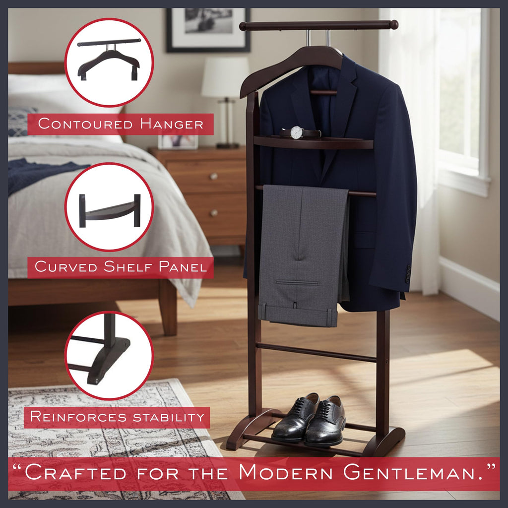 Wooden Suit Valet Stand with Hanger Trouser Bar Storage Tray Elegant Wardrobe Organizer for Men Bedroom Office