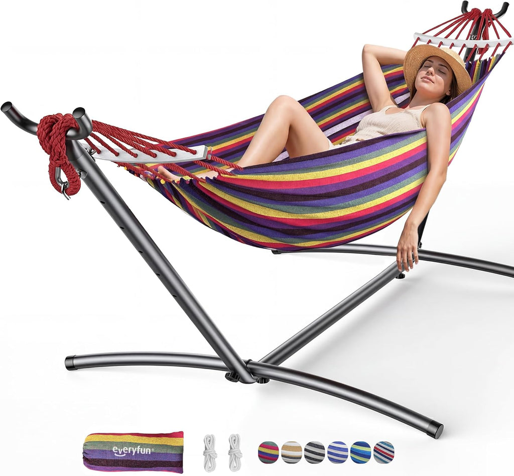 Double Hammock with Stand, 2 Person Heavy Duty Hammock with Steel Stand, 600 lbs Capacity Cotton Hammock for Outdoor