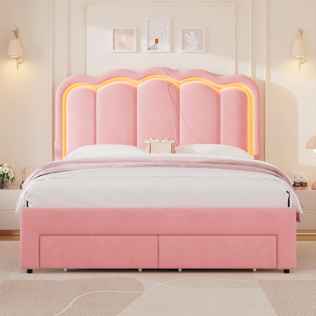 Queen Upholstered LED Bed Frame with 2 Storage Drawers and Adjustable Chic Double Wavy Headboard, Velvet Princess
