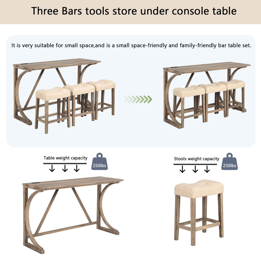 Bar Table and Chairs Set, 4 Piece Console Table with Power Outlet, Counter Height Bar Table Set with 3 Padded Chairs