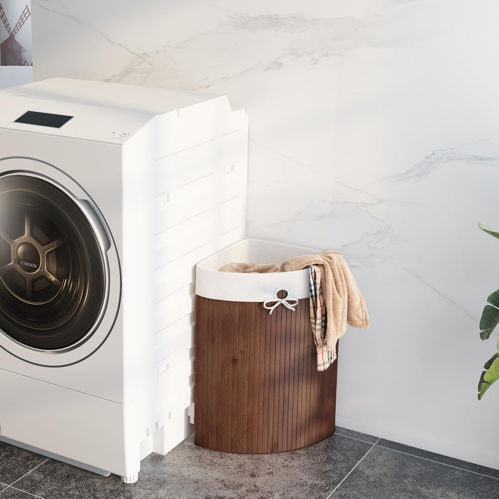 58 L Corner Laundry Hamper with Lid, Removable Liner & Handle Brown