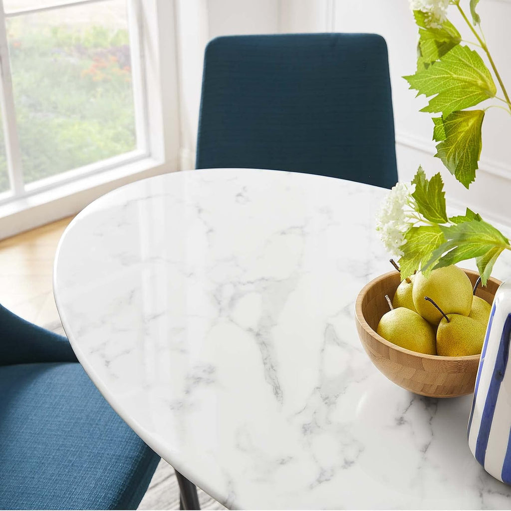 Lippa 48" Oval-Shaped Mid-Century Modern Dining Table with Artificial Marble Top and White Base