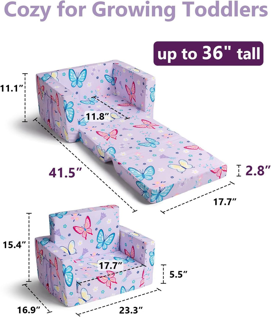 Toddler Couch, in-1 Foldable Kids Comfy Chair & Lounger, Purple Butterfly