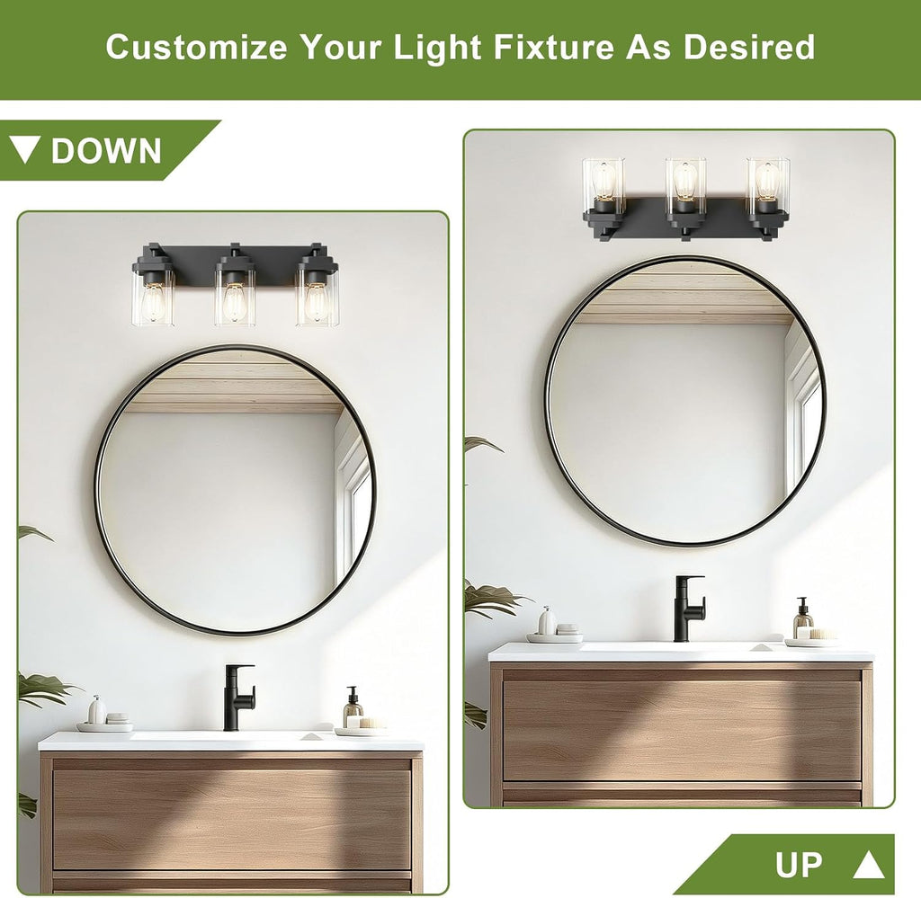 Black Bathroom Light Fixtures, 3 Lights Bathroom Lighting Fixtures Over Mirror, Square Design & Rectangle Large