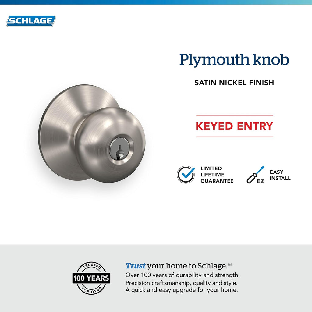 Plymouth Keyed Entry Door Knob, Interior/Exterior, Satin Nickel