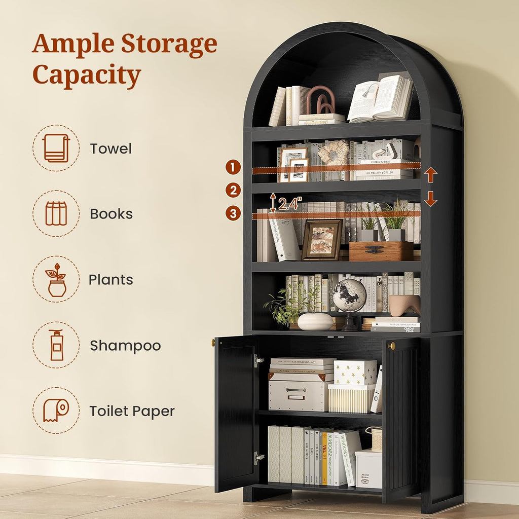 81" Tall Arched Cabinets,Bookcase with storage,Mid-Century Modern 6-Tier Bookshelf with Door,2 Book Risers and
