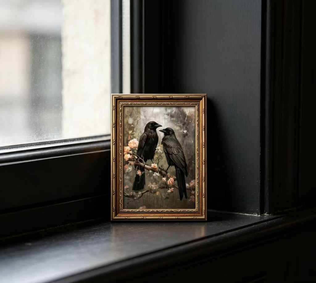 Vintage Gold Framed Crow Wall Art, Gothic Raven Floral Canvas Prints, Dark Academia Aesthetic Bird Wall Decor, Moody