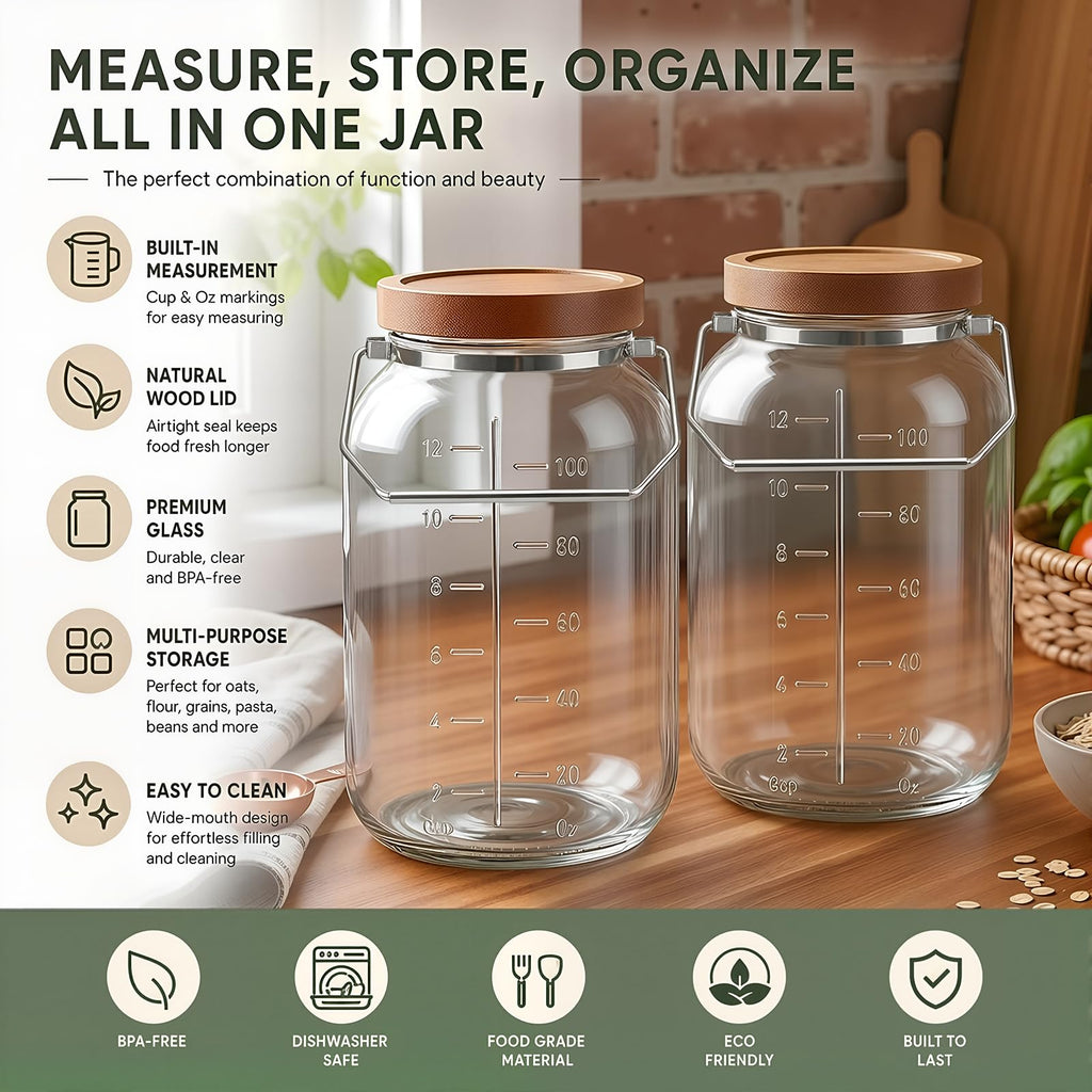Glass Flour Sugar Storage Containers with Wood Lid and Handle