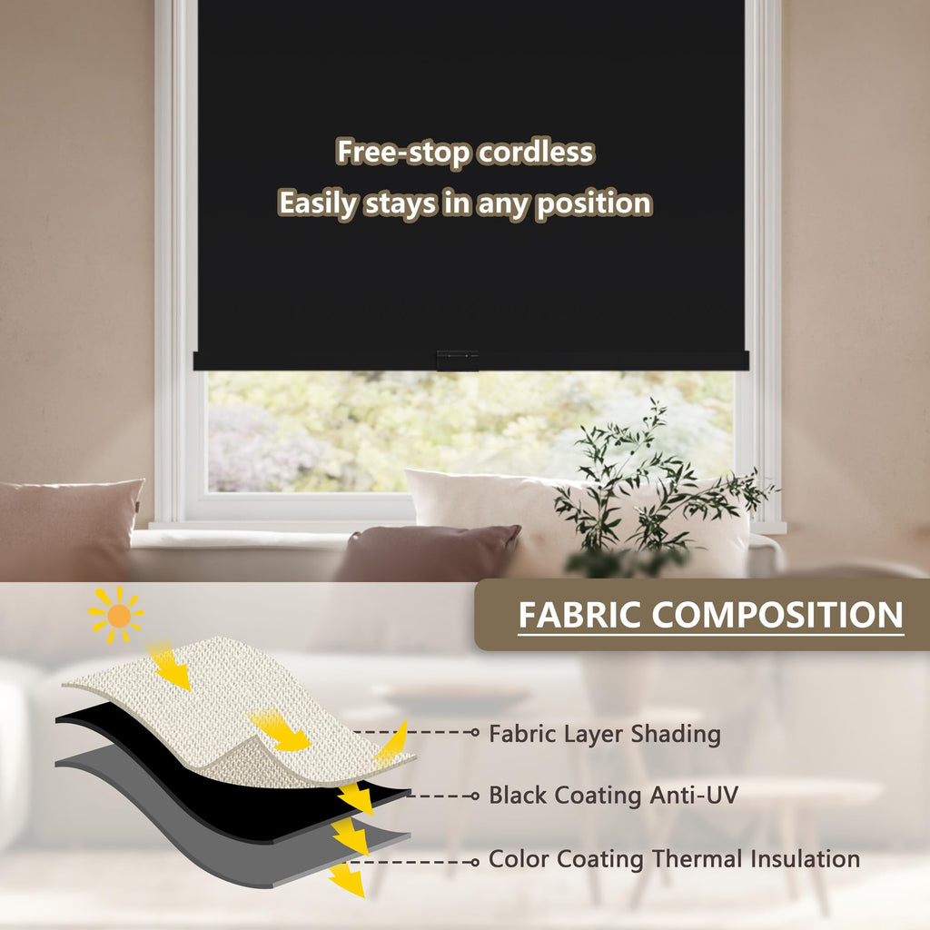 Cordless Blackout Roller Shades Blinds for Windows, Black