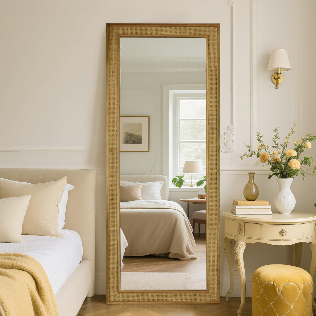 Rattan Wall Mirror Rectangle, 24 X 60 inch Rattan Mirror with Wooden Framed for Wall Decor Bathroom, Living Room
