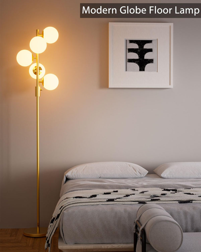 Dimmable Gold Globe Floor Lamp, 64IN Tall Standing Lamps with 5 Globe Warm White 3000K Bulbs, Mid Century Modern