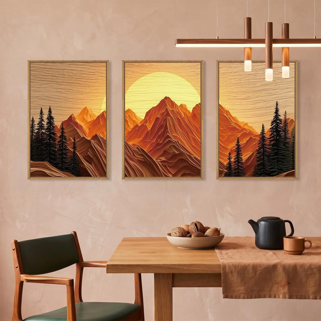 Large Boho Golden Mountain Framed Canvas Wall Art Set-16"x24"x3