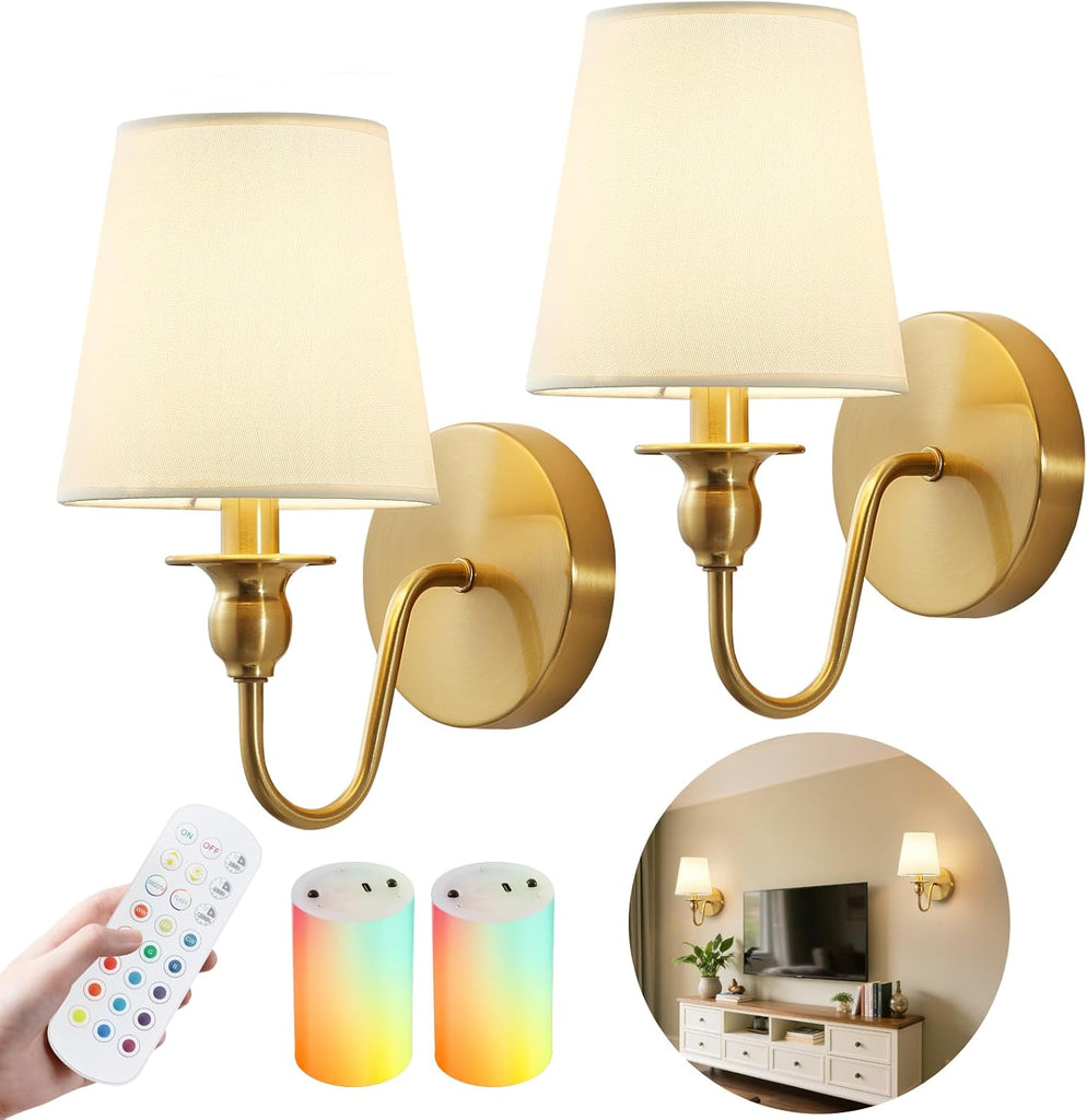 Battery Operated Wall Sconces set of Two,Wireless Wall Sconces with 10000mAh Dimmable Bulb and Remote,LED 15 Colors
