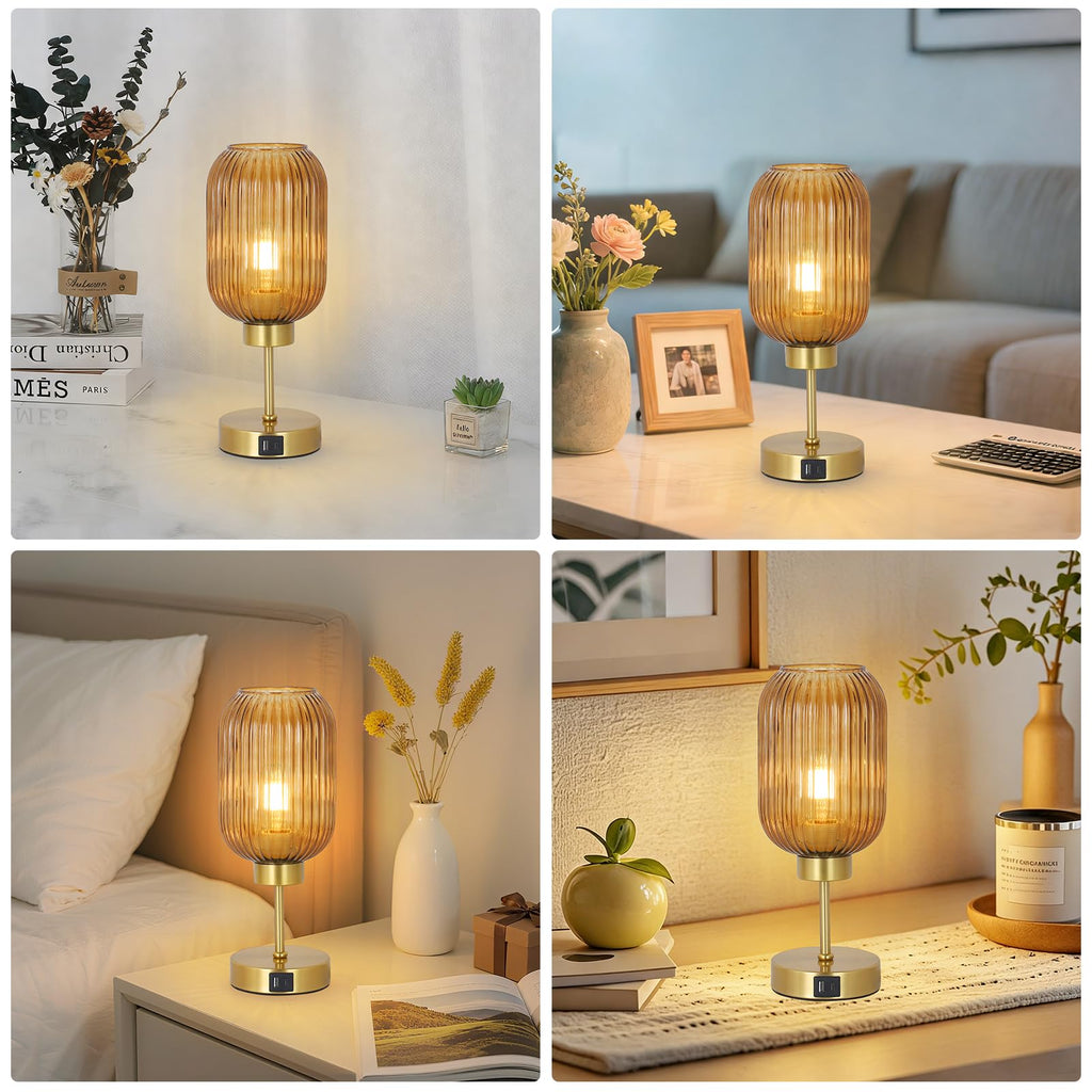 Vintage Gold Touch Table Lamp, Small Desk Lamp with Amber Glass Shade, Bulb, Charging Port, Mid Century Modern