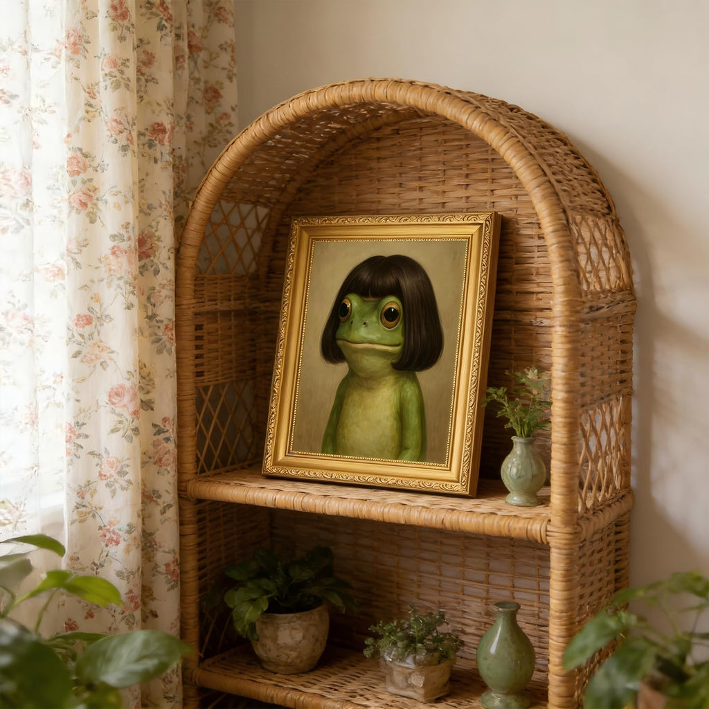 Gold Framed Whimsical Frog Wall Art Eclectic Frog Canvas Prints Vintage Animal Picture Wall Decor Painting Bedroom