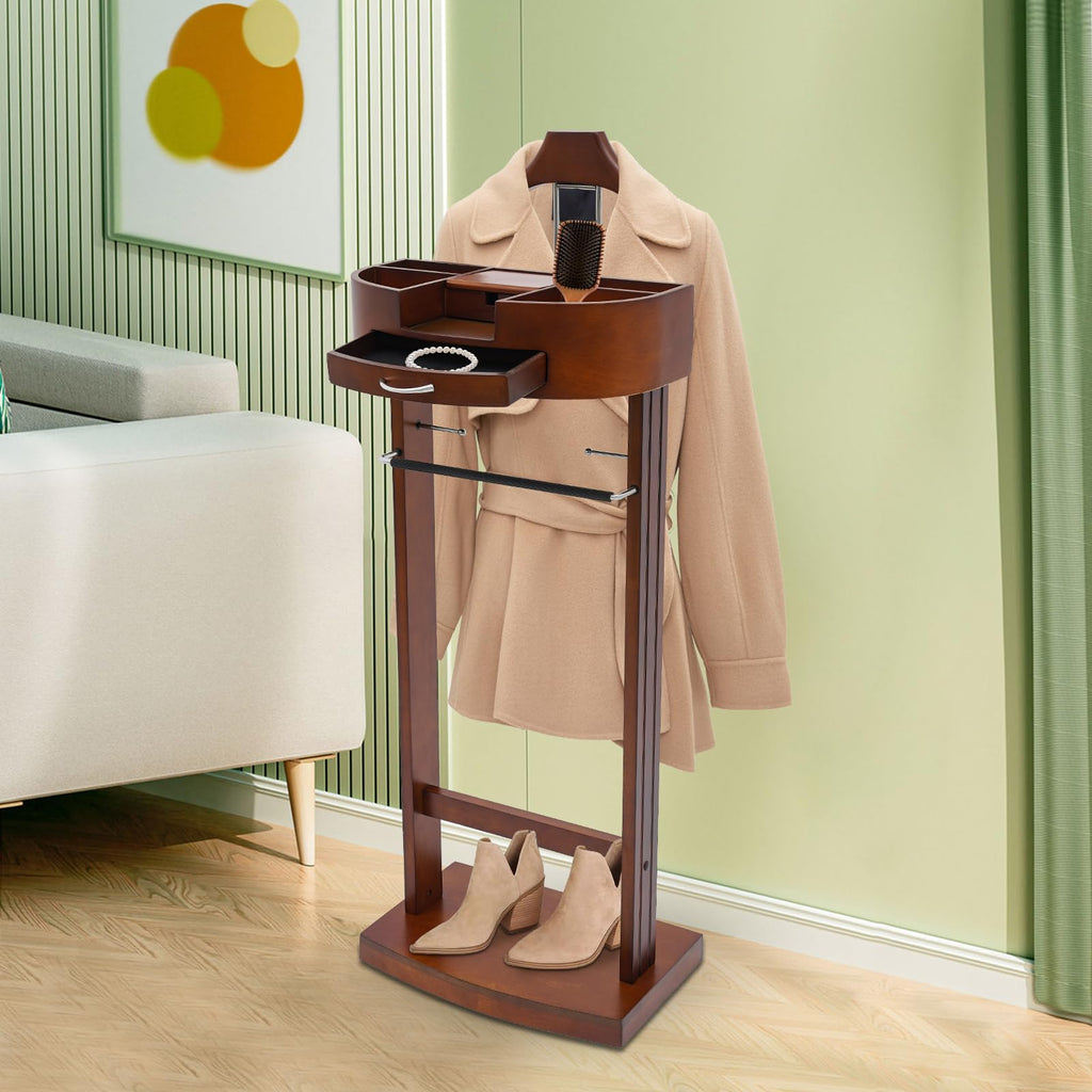 Wood Valet Stand With Wood Base, Freestanding Wooden Clothes Valet Stand Organizer with Hanger, Pant Rod, Drawer