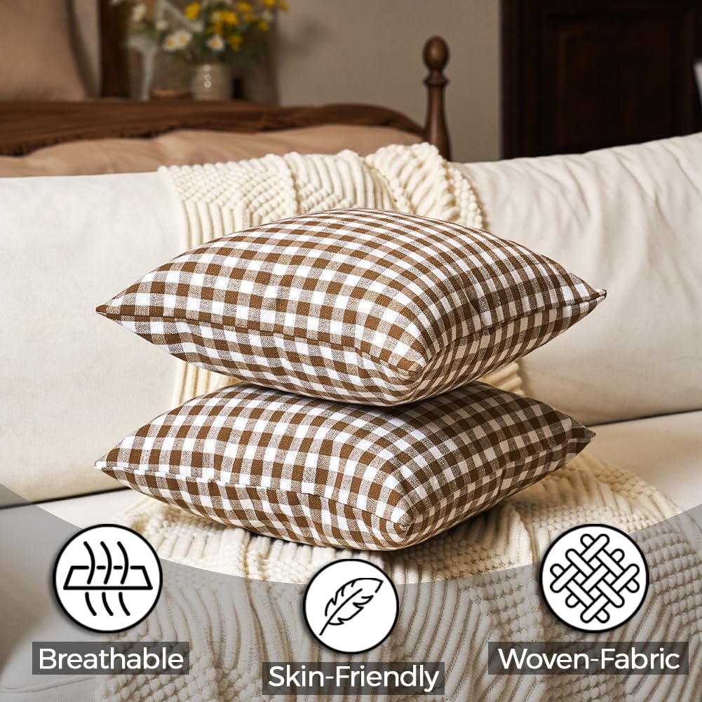 Fall Brown Plaid Gingham Euro Pillow Sham Covers 26x26 Set of 2 for Couch