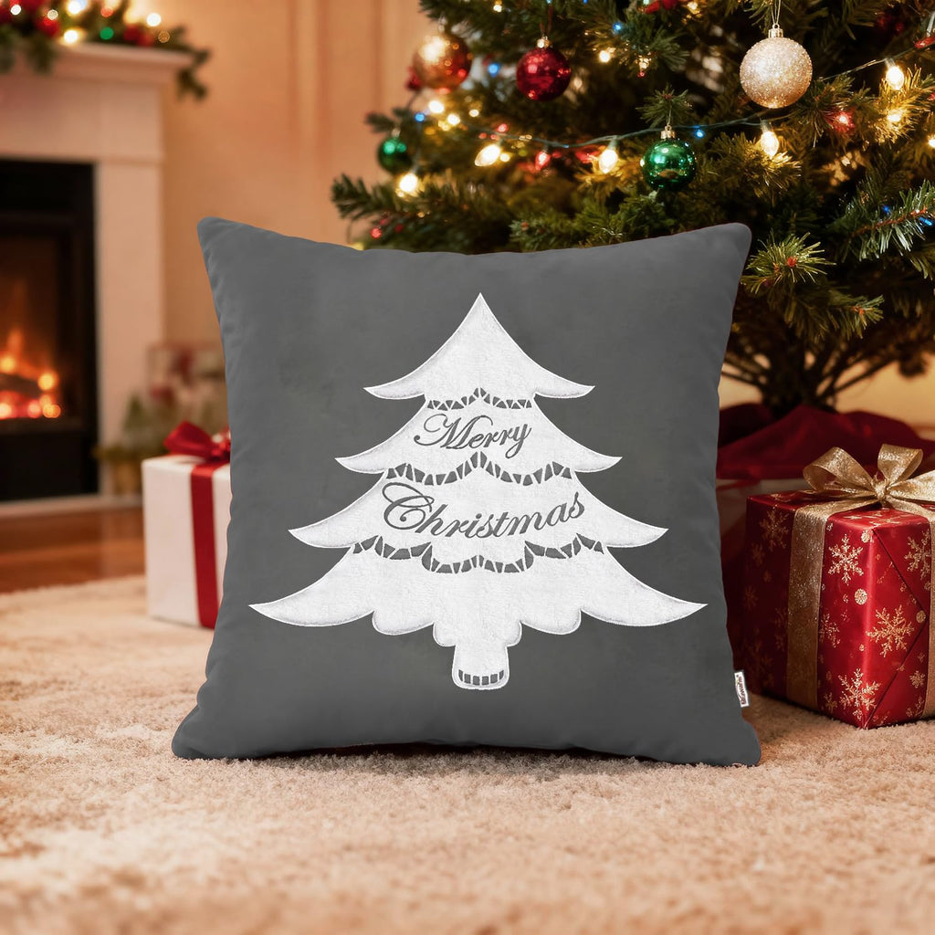 Christmas Tree Pillow Cover 18x18 Gray Velvet Embroidered