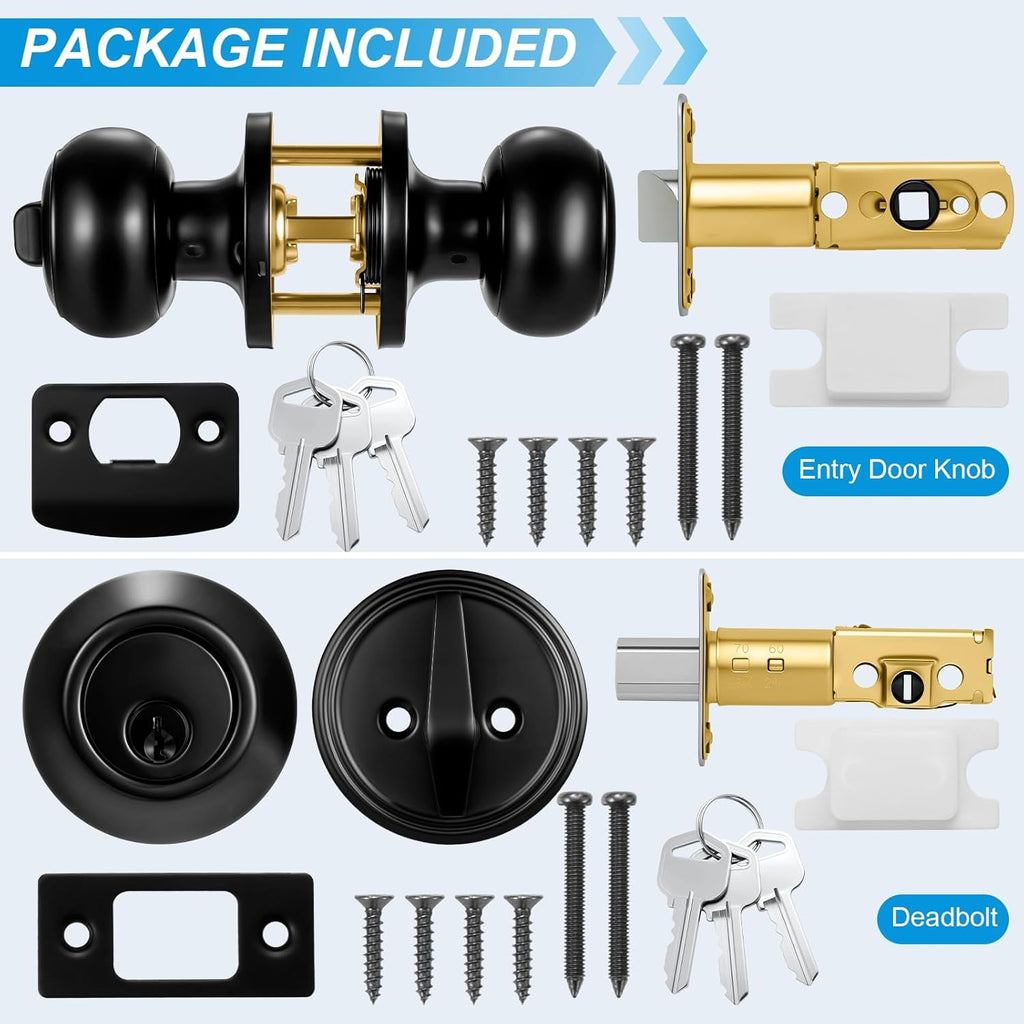 5 Pack Front Door Lock Set Matte Black,Exterior Door Lock Set with Deadbolt,Single Cylinder Deadbolt Lock and Door - Door Knob