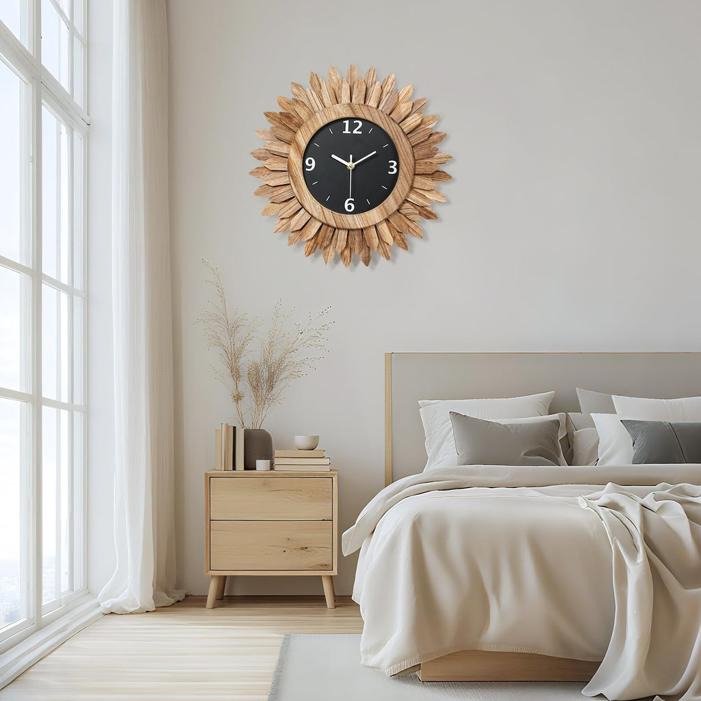14 Inch Wall Clock, Rustic Wood Boho Sunburst Decorative Wall Clocks Battery Operated Silent Non Ticking Farmhouse