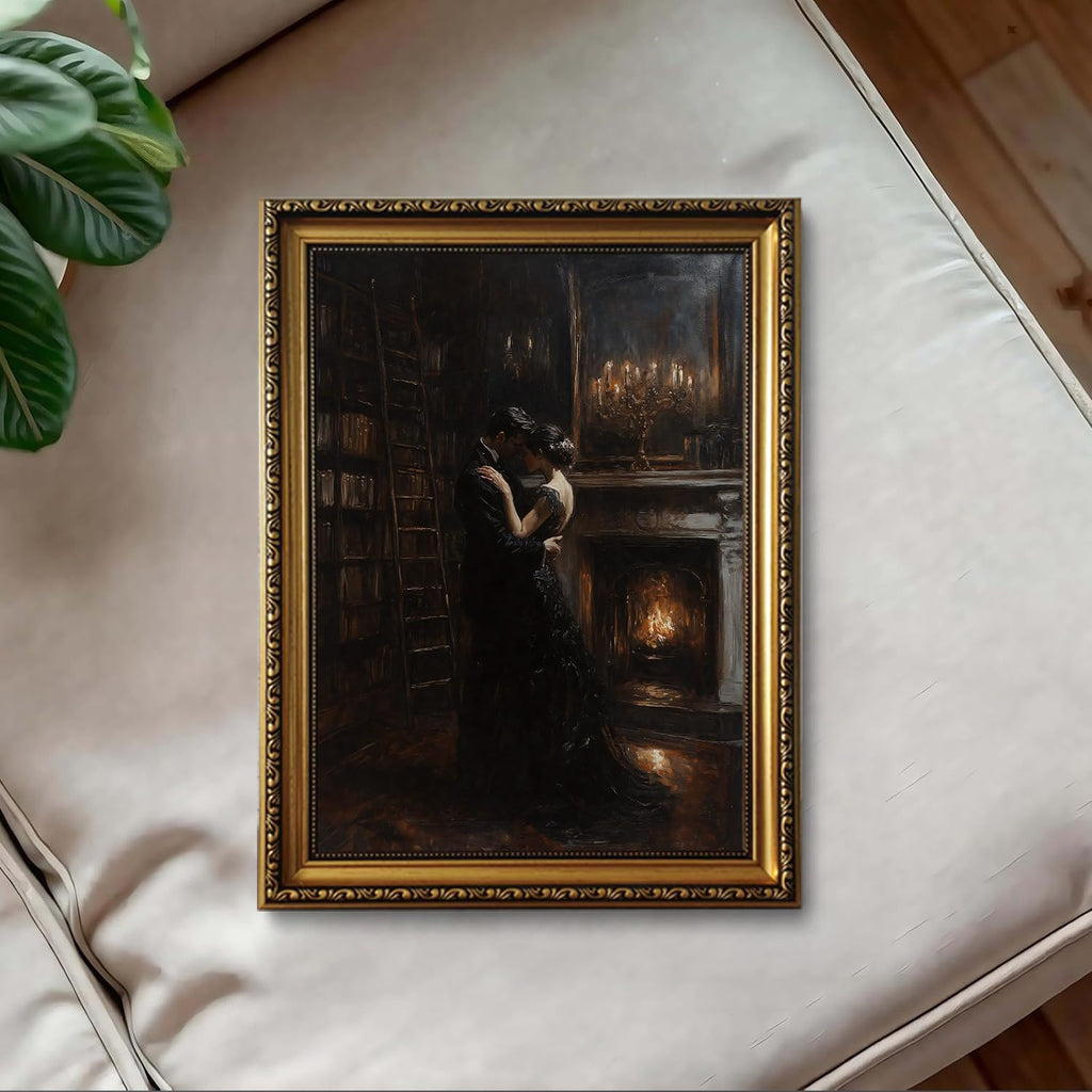 Vintage Gold Framed Wall Art Dark Academia Couple Canvas Wall Art Gothic Library Couple Scene Pictures Wall Decor