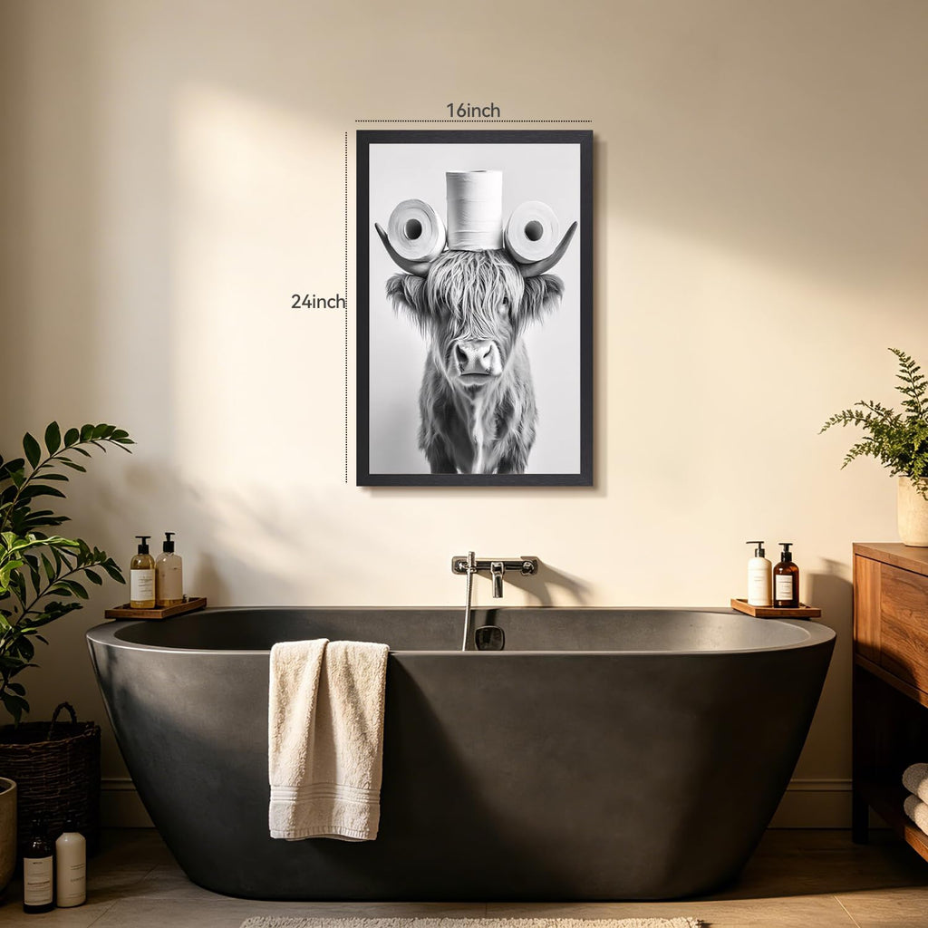 Wood Framed Black White Highland Cow Bathroom Wall Art 16x24 in