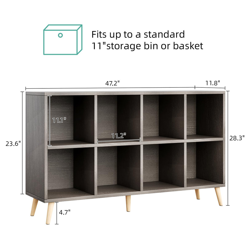 8-Cube Bookshelf 2 Tier Retro Bookcase with Legs, 11in Shelf Opening, 47" Wood Bookshelves Storage Organizer Shelf