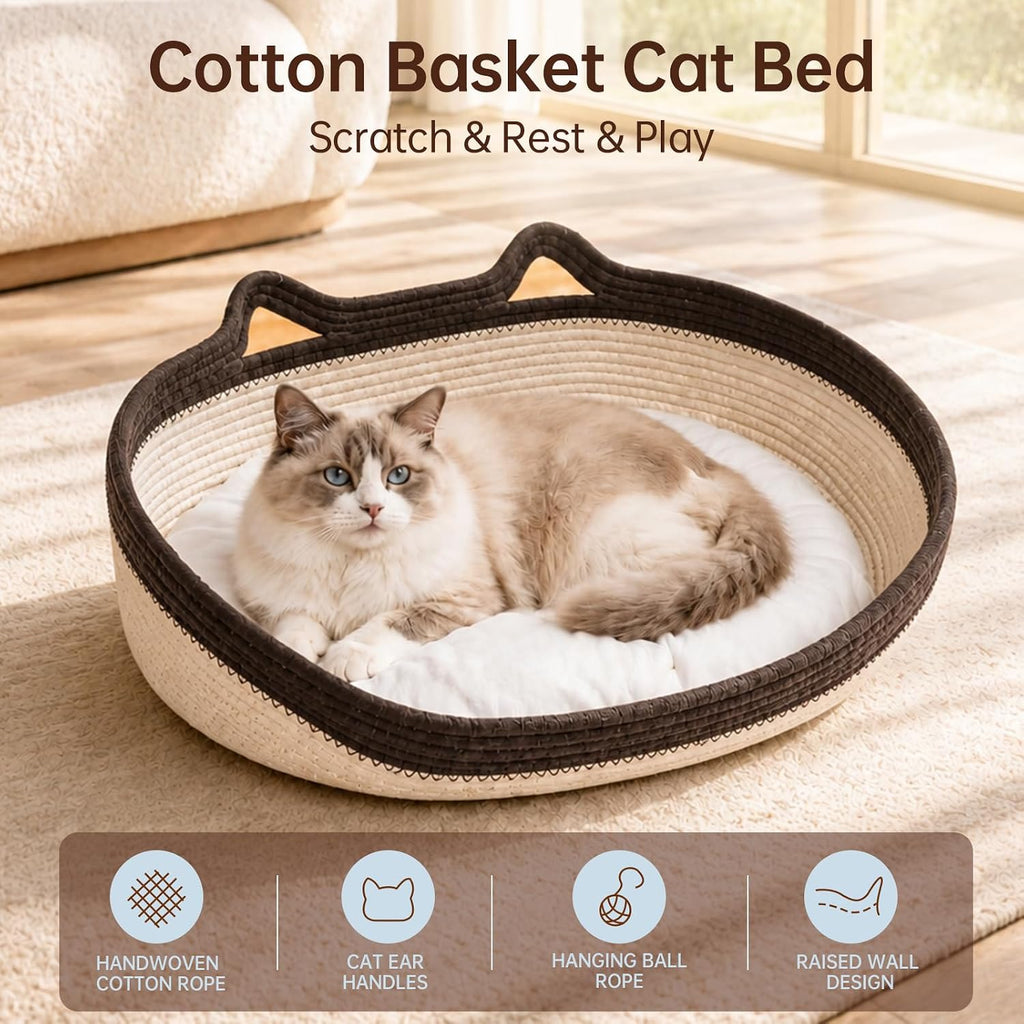 Cat Basket with Cushion for Indoor Cats, White & Coffee