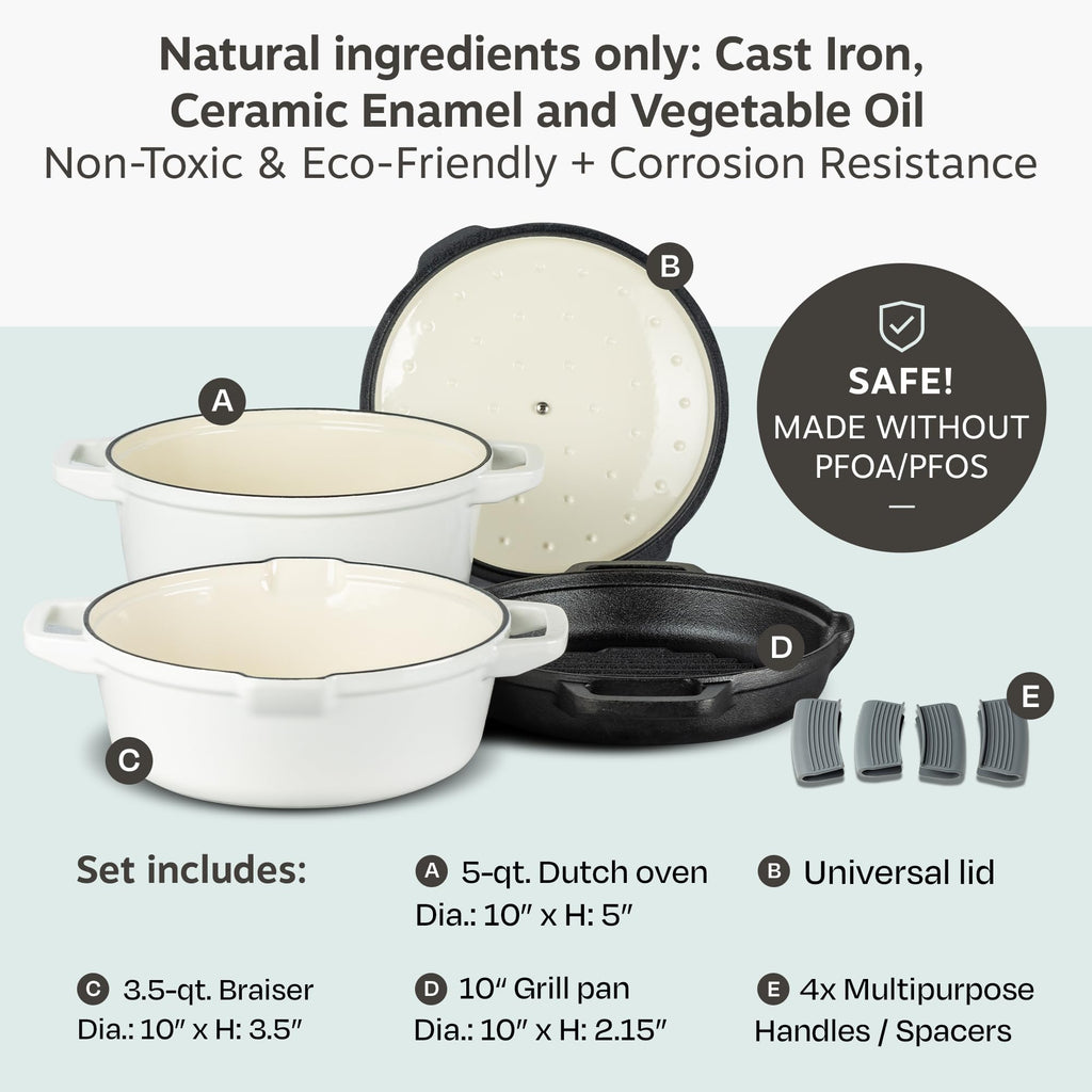 5pc Stackable Cast Iron Cookware Set, Versatile Enamel Dutch Oven, Seasoned Grill Pan & Enamel Braiser with Precision