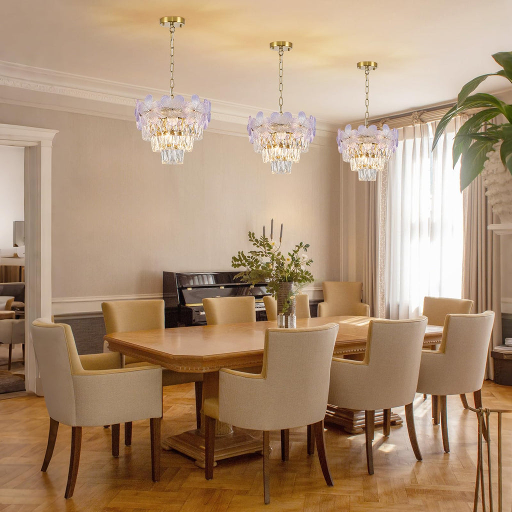 14" 3-Light Purple Flower Crystal Chandelier Gold Light Fixture