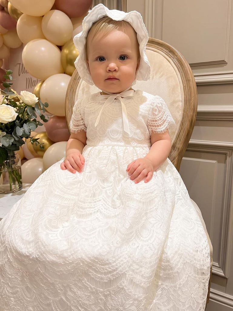 Baby Girls Christening Baptism Dress White Lace Gown with Bonnet