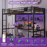 Twin Loft Bed with L-Shaped Desk & Storage Shelves, Metal Loft Bed with Power Outlet & LED Lights, Anti-Tipping Kits