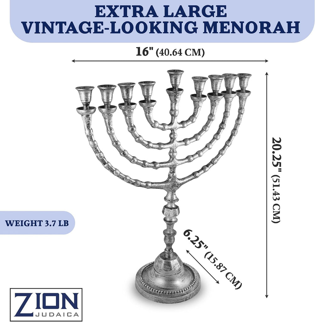 Extra Large Traditional Chanukah use with Thick Shabbat Candles or Oil Cups Antique Looking Hanukkah Minorah
