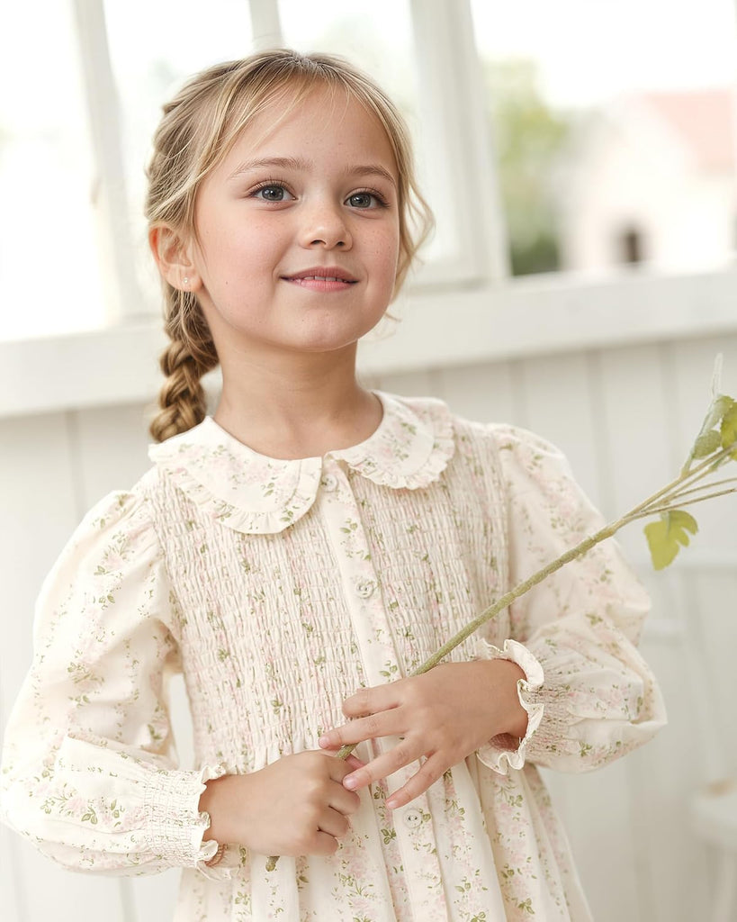 Toddler Girls Dress Smocked Dresses|Floral Print Long Sleeve Dress with Peter Pan Collar | Casual Ruffle Dresses