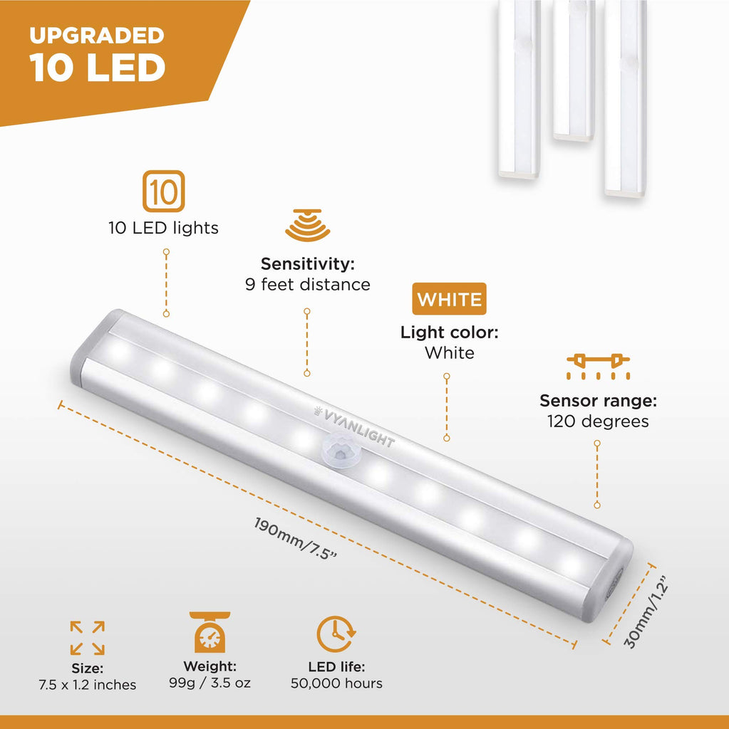 Motion Sensor LED Under Cabinet Lights, 10 LED Light Strips for Closet, Kitchen, Bathroom, Pantry - Battery Operated