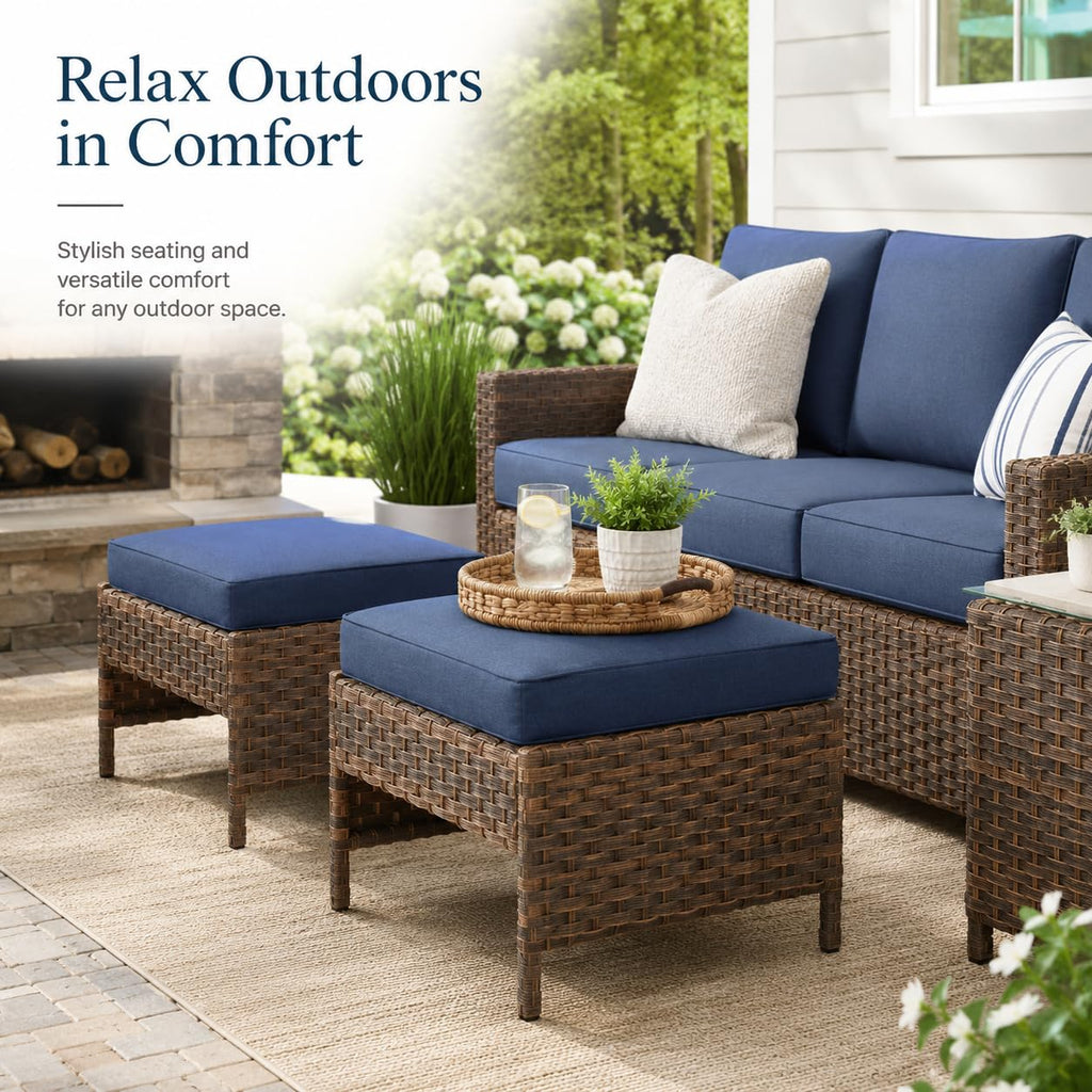 2-Piece Outdoor Wicker Ottomans with Cushions, Blue