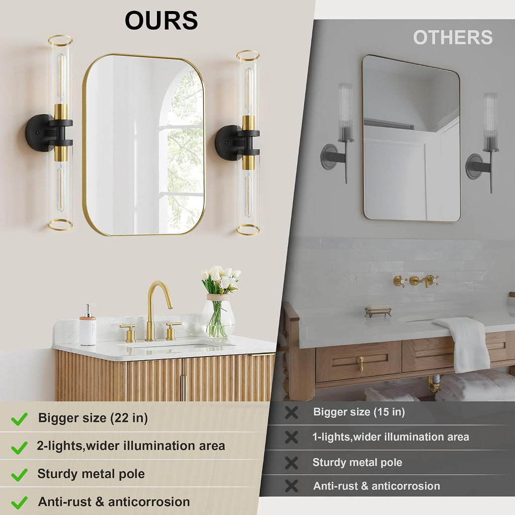 Wall Sconces Set of Two, Black and Gold Bathroom Wall Sconces with Clear Glass,Hardwired Modern Sconces Wall Decor
