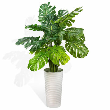 4ft Artificial Monstera Plant, Potted - Tall Fake Indoor Corner Plant, Realistic Faux Greenery in Ribbed White Pot