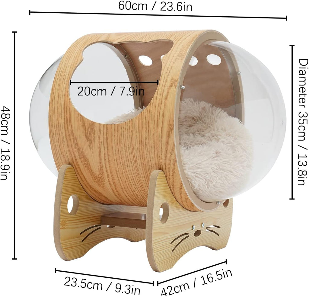 Wooden Cat Bed Capsule, Cat House Space Capsule with Cushion, Modern Pet Bed House Spaceship Space Capsule (23.6 *