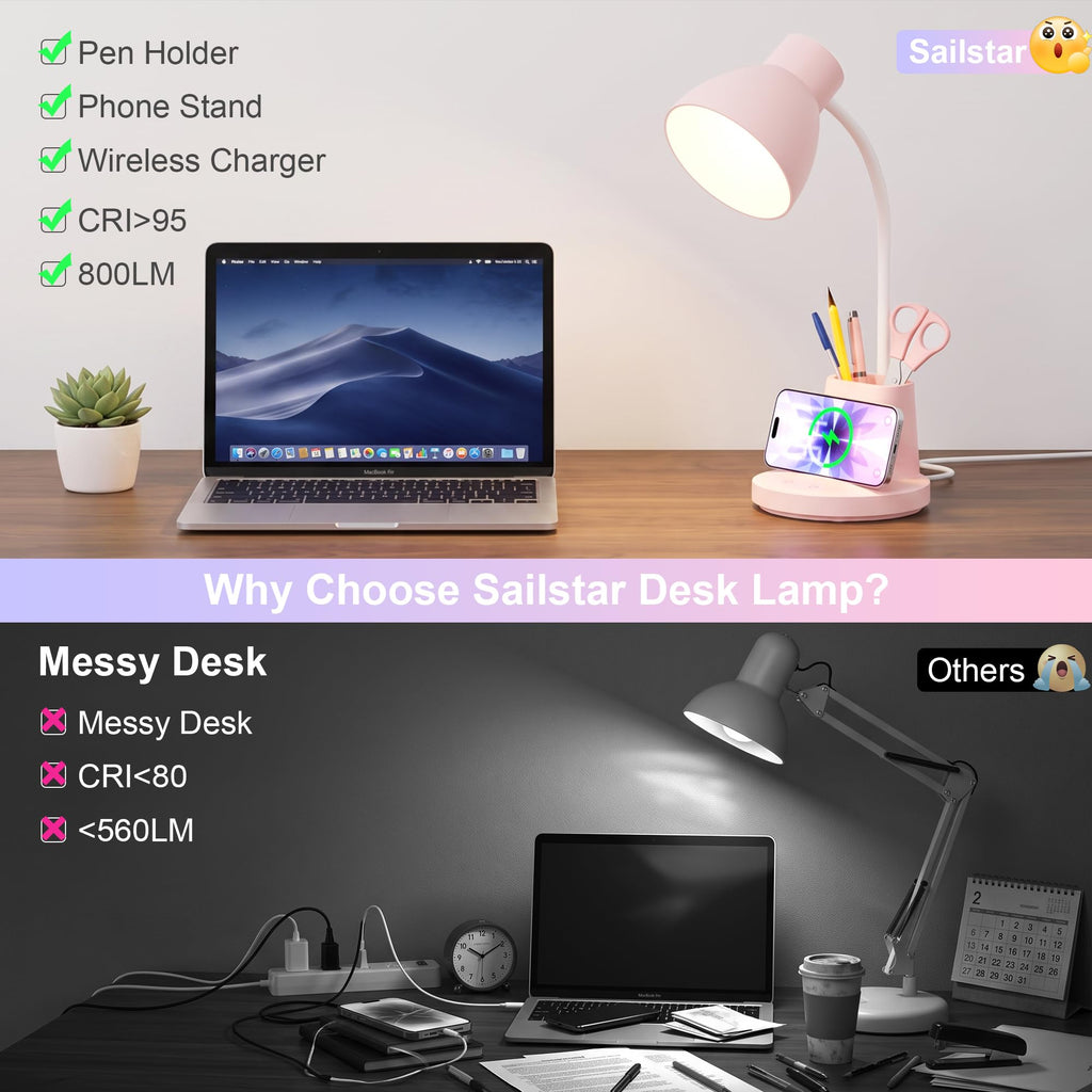 10W Wireless Charging LED Desk Lamp with Pen Holder, CRI 95, Pink