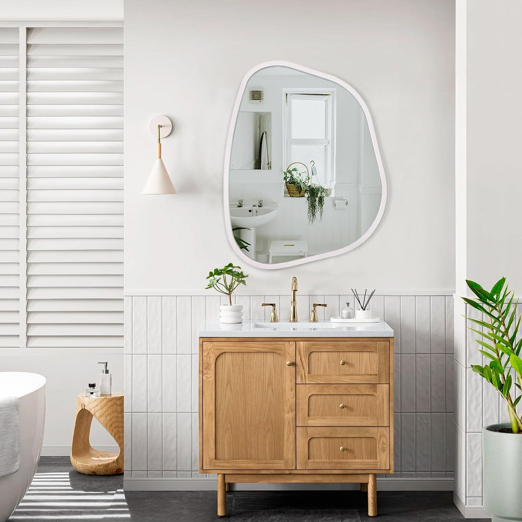 Irregular Oval Wall Mirror Large White 20"x16" Inches Asymmetrical Mirror Modern Wood Frame Unique Shape Wall Mounted