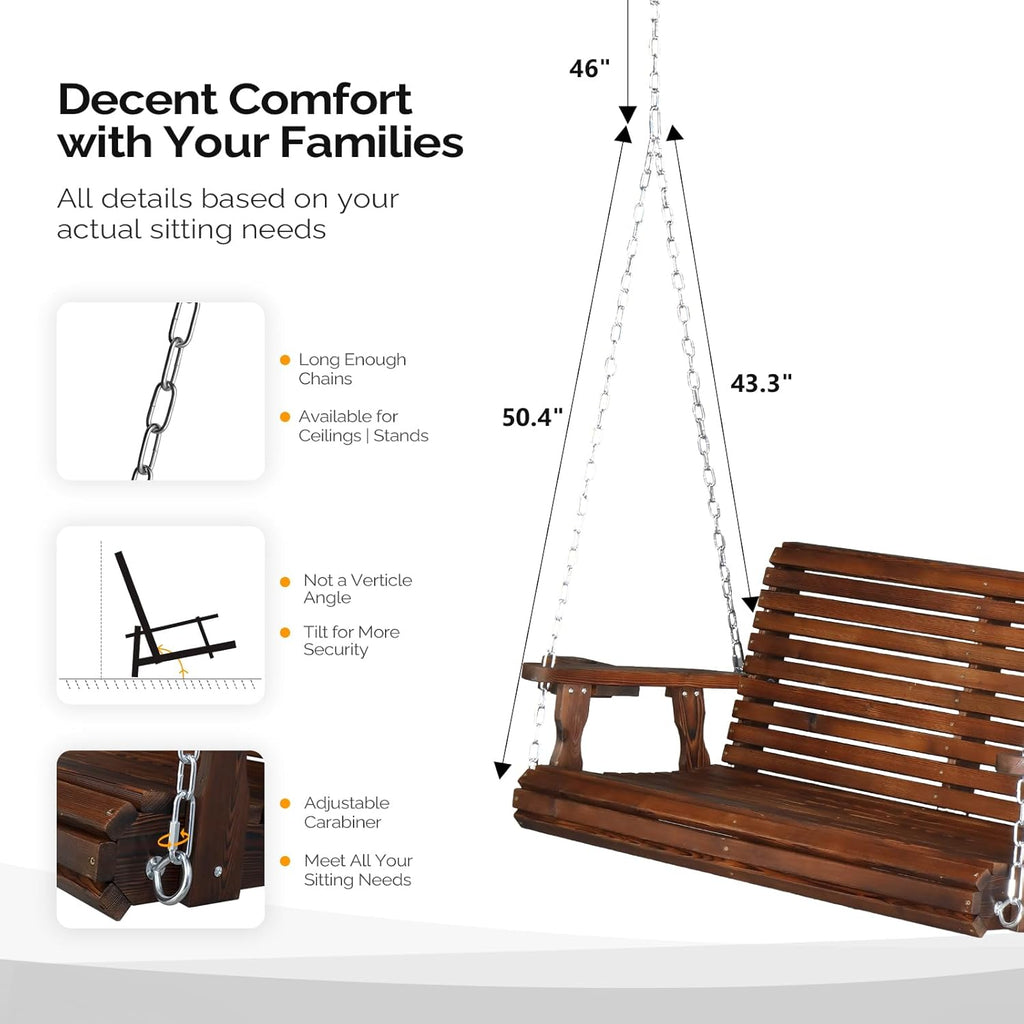 XL 4 FT Pro Wooden Porch Swing with Cup Holders, 880 LBS, Rustic | Heavy-Duty Wood Frame; 880-Lb Capacity; Cup